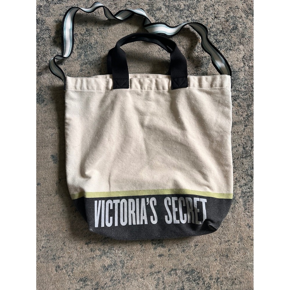 Victoria's Secret Tote Bag Womens OS Cream Black Canvas Logo Crossbody Strap